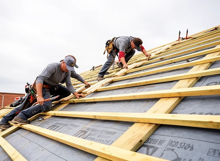 Roofers battening out a stripped roof