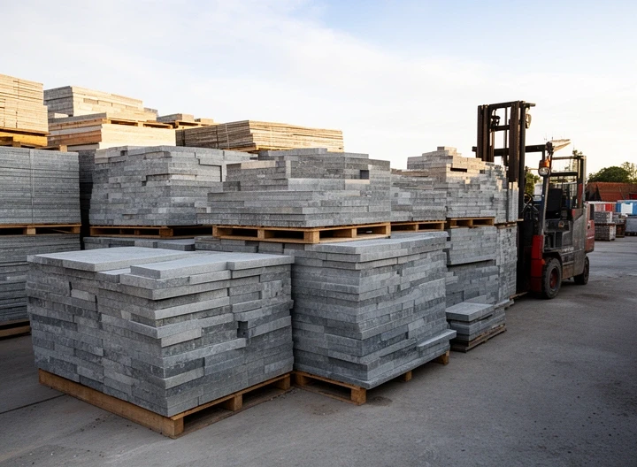 Pallets of slate and tiles in the yard