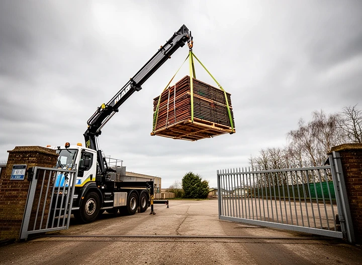 Hiab lorry loading a pallet of tiles