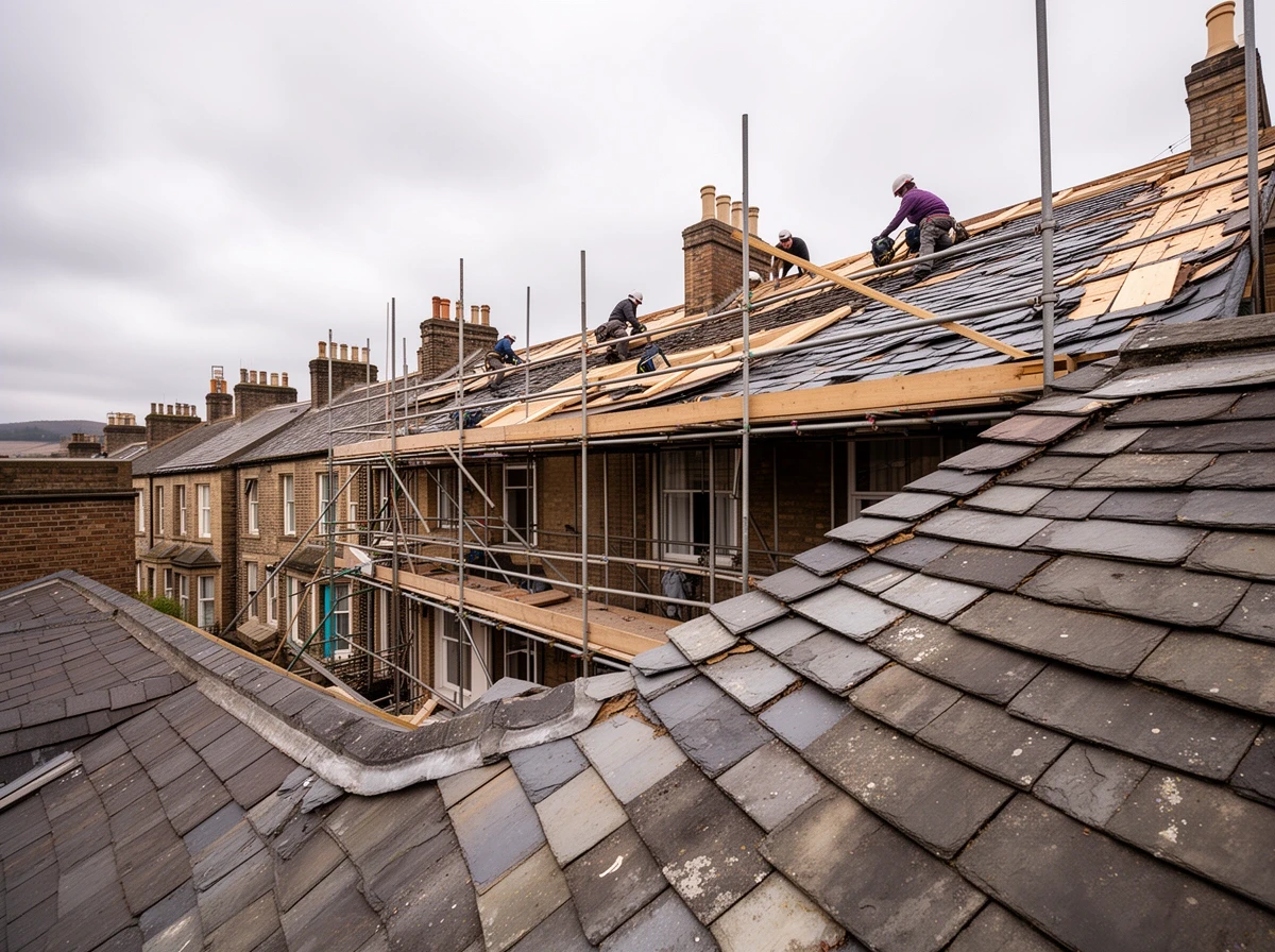 Slate roof being stripped and re-laid on a Leeds terrace