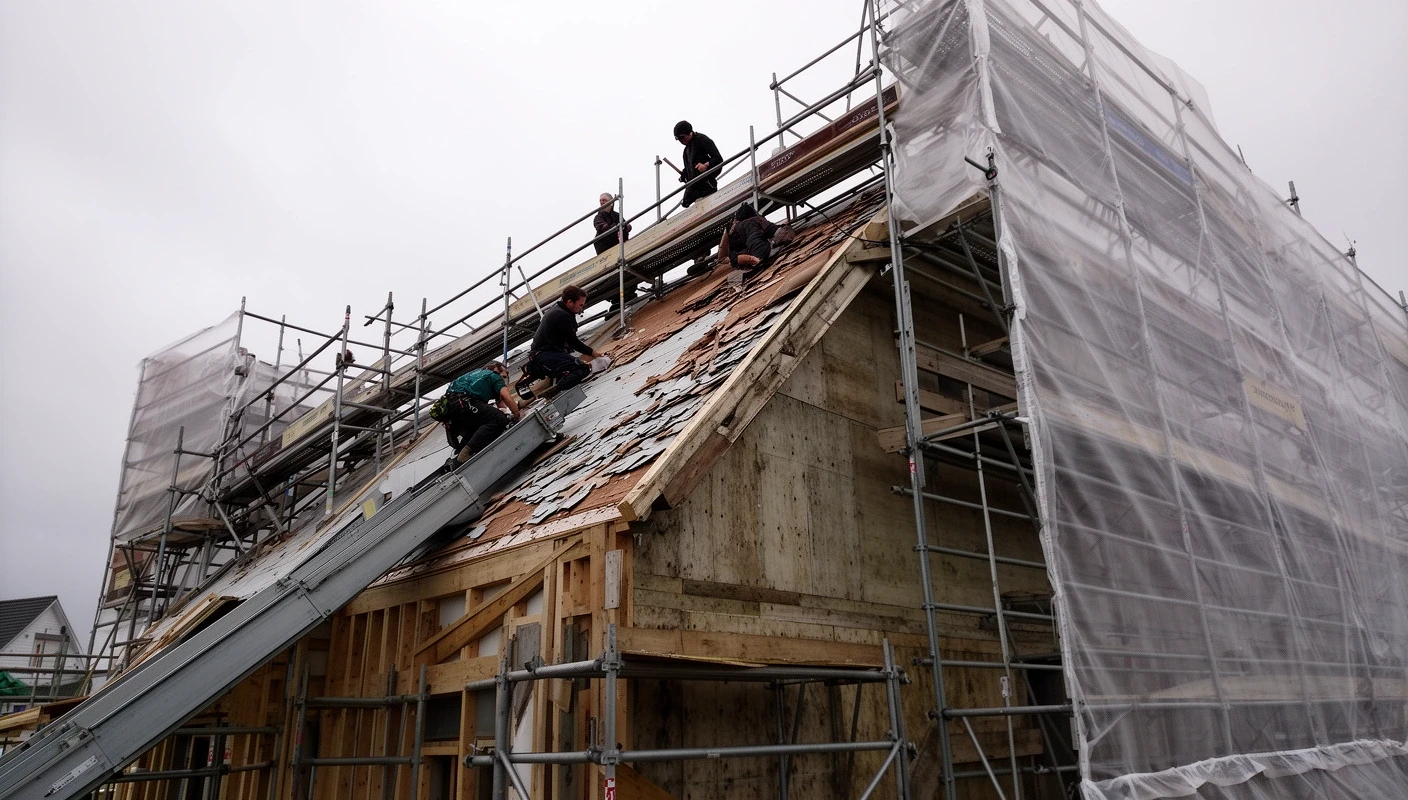 Crew stripping one elevation of a terraced roof in Leeds
