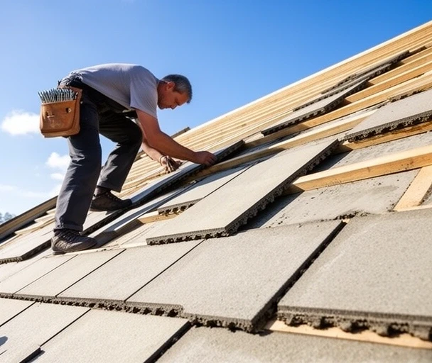 Crew laying tiles on a stripped roof
