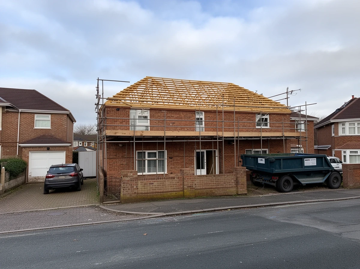 Scaffolded terrace with a stripped roof in Leeds