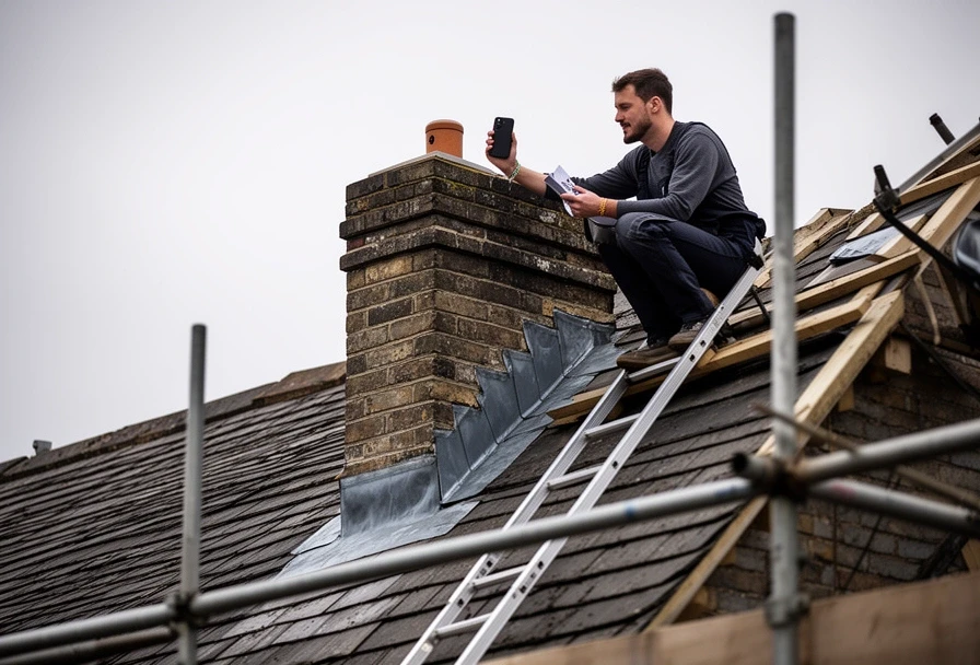 Roofer photographing a valley during a survey