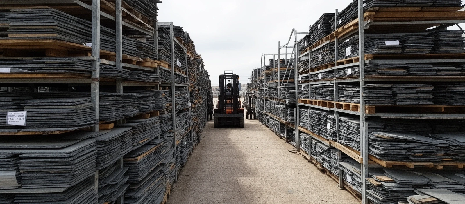 Yard racking loaded with slate and tile pallets